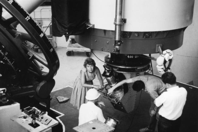 Vera Rubin and colleagues preparing the 72-inch telescope at Lowell Observatory in Arizona in 1965.